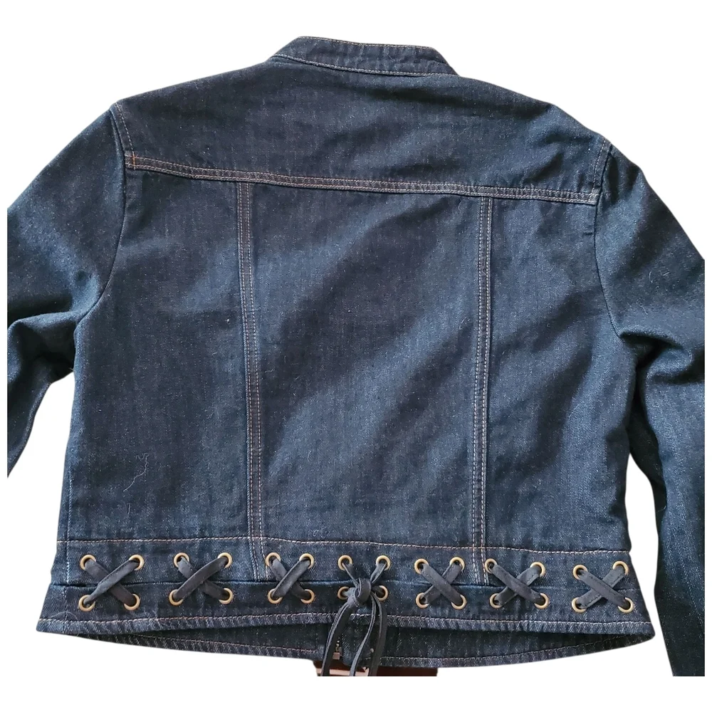 Lioness Dark Indigo Berlin Denim Crop Jacket with Lace-Up Accents Size L US 8 - Picture 9 of 14